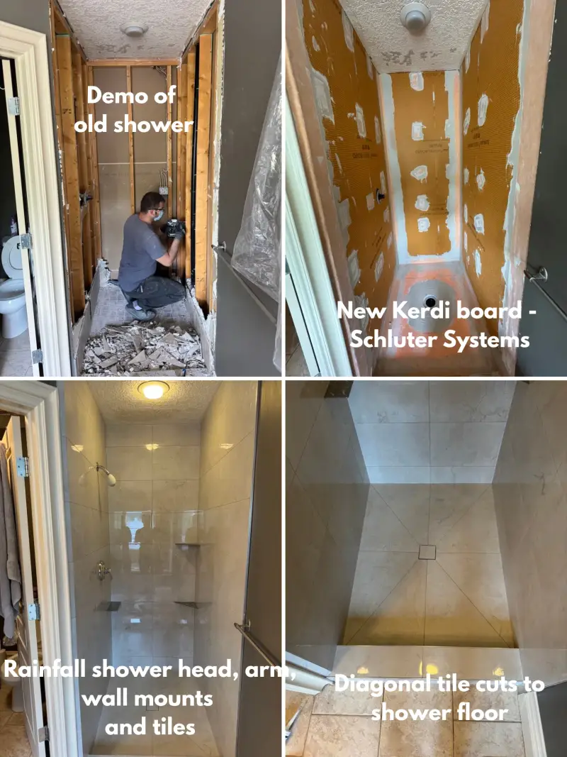 Travertine-imitation 24x24 porcelain tile shower base with envelope pad and concealed (tileable) drain