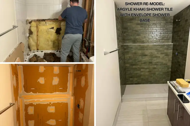 Shower re-model - Argyle khaki shower tile with envelope shower base