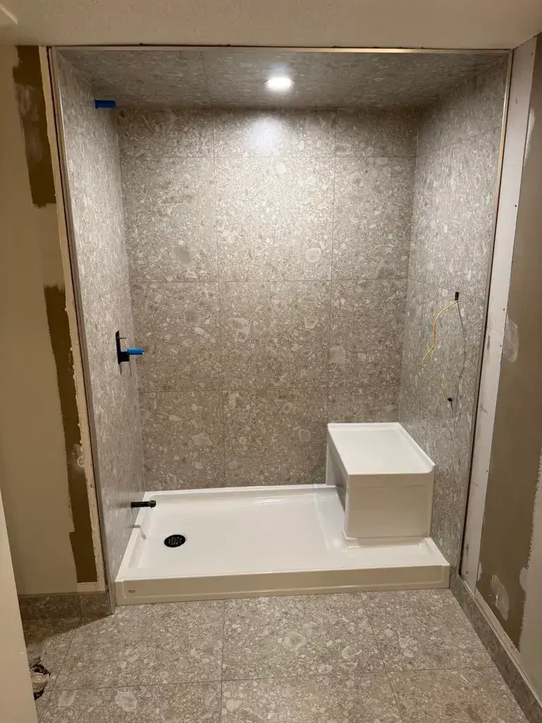 Stone terrazzo-look tile finish