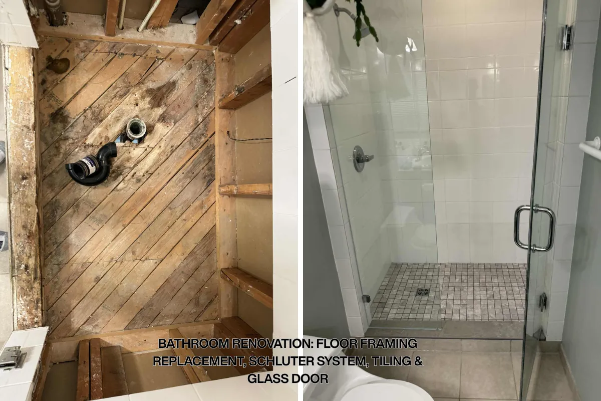 Bathroom renovation - floor framing replacement, Schluter system, tiling and glass door