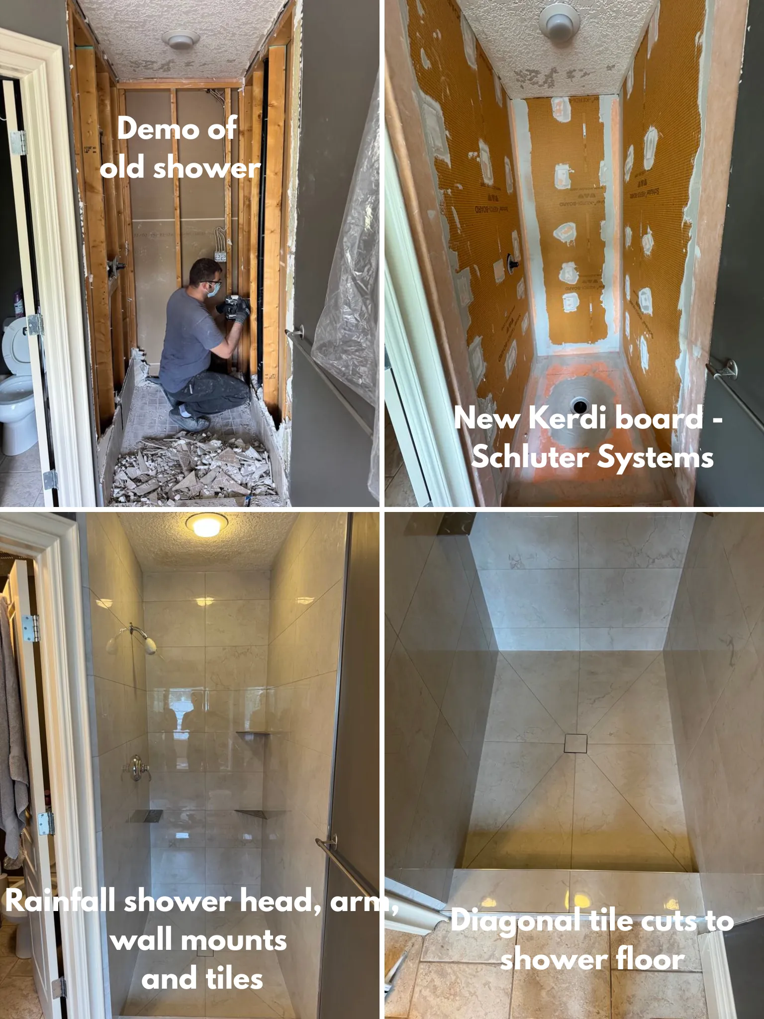 Travertine-imitation 24x24 porcelain tile shower base with envelope pad and concealed (tileable) drain