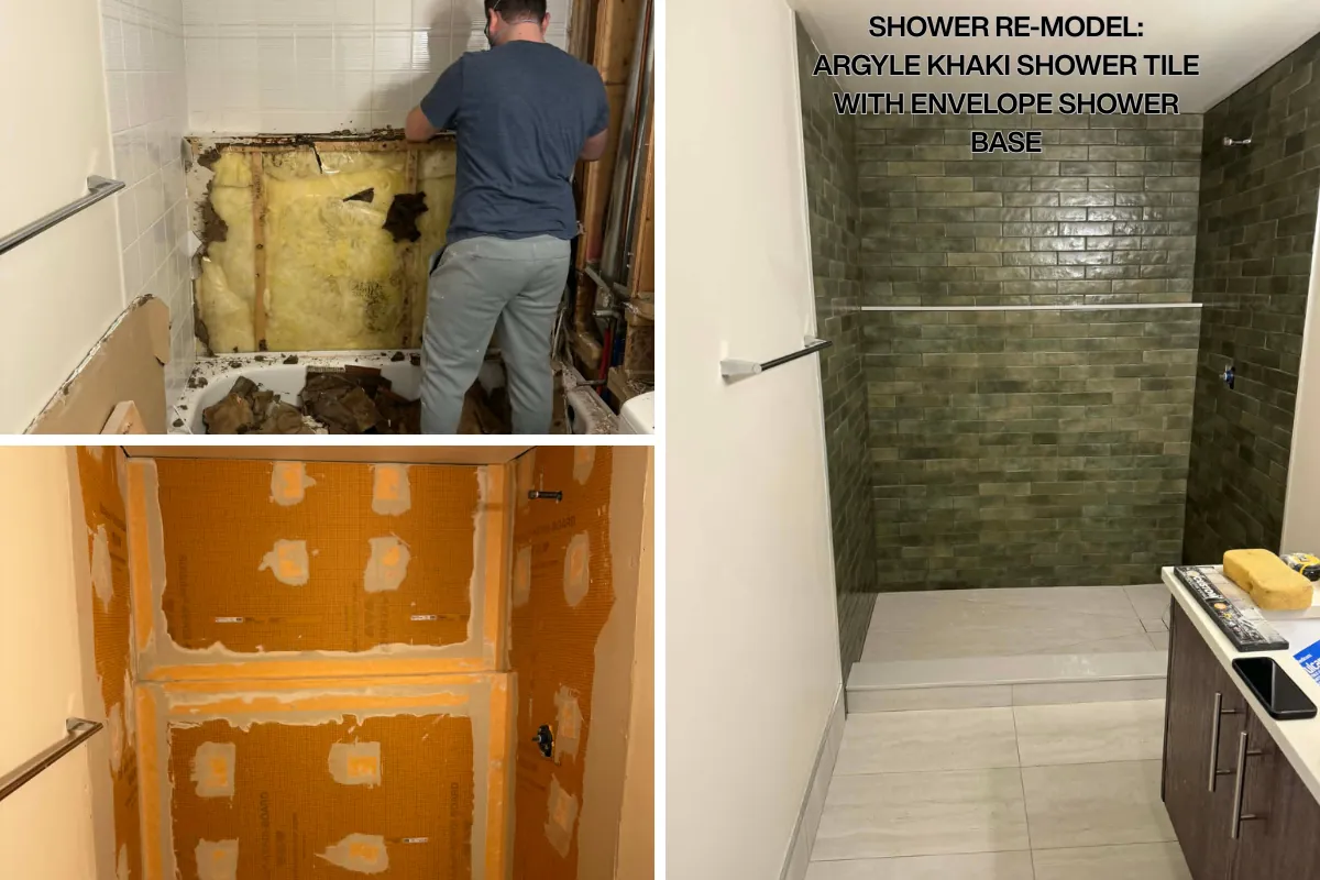 Shower re-model - Argyle khaki shower tile with envelope shower base