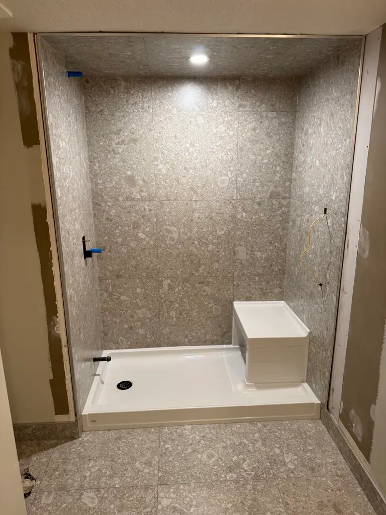 Stone terrazzo-look tile finish