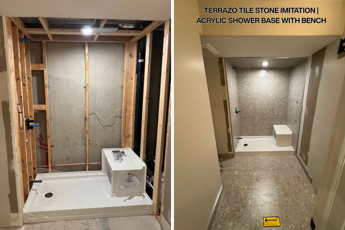 Terrazzo tile (stone imitation) walls with an acrylic shower base and built-in bench