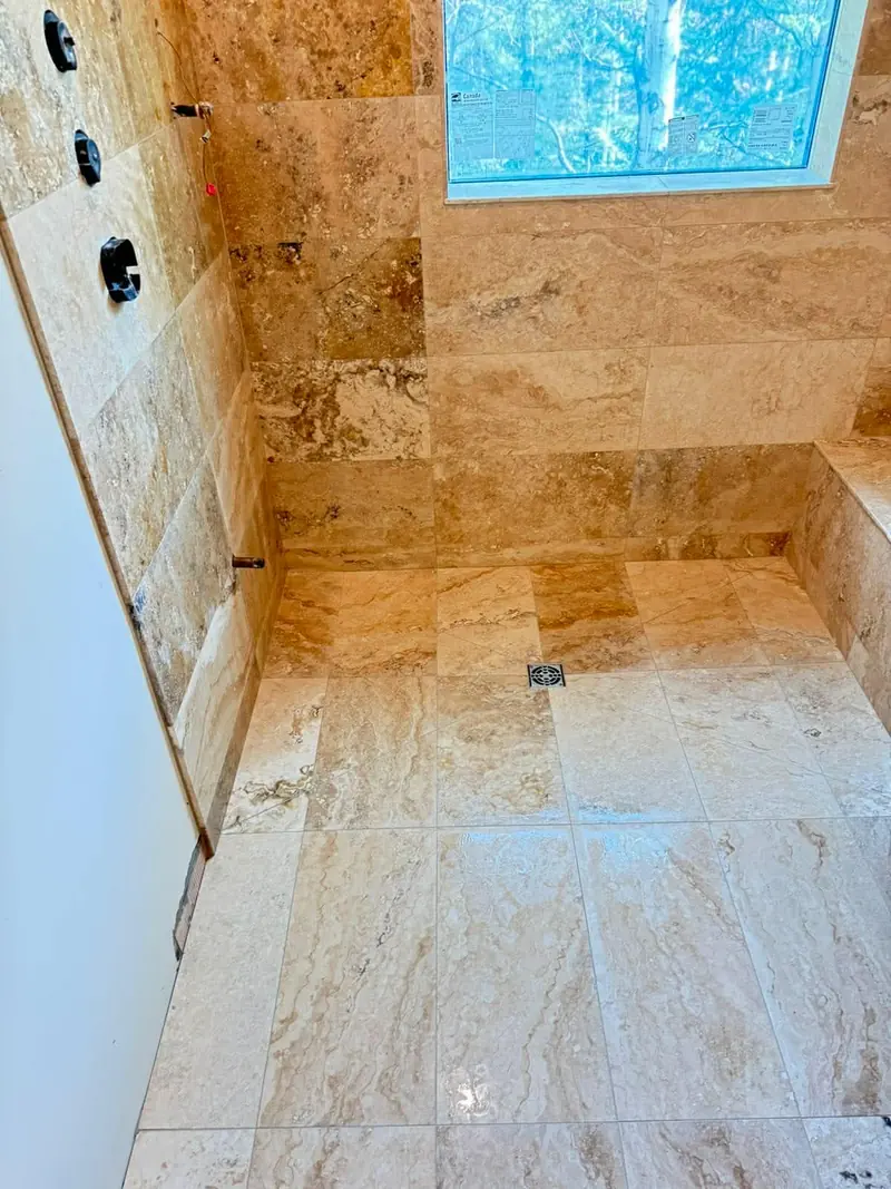 Travertine natural-stone tile installation